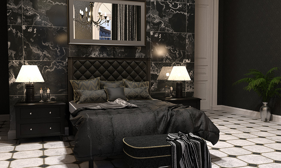 Dark interior design bedroom in black colour adds beauty and charisma to space.