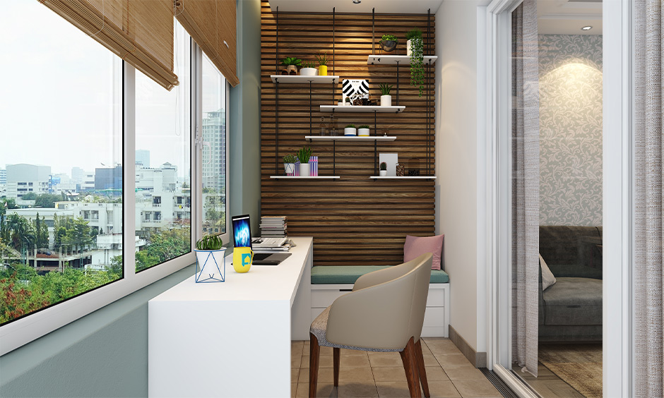 Balcony in asian zen interior design with wood as a backdrop on the wall adds the perfect amount of Zen.