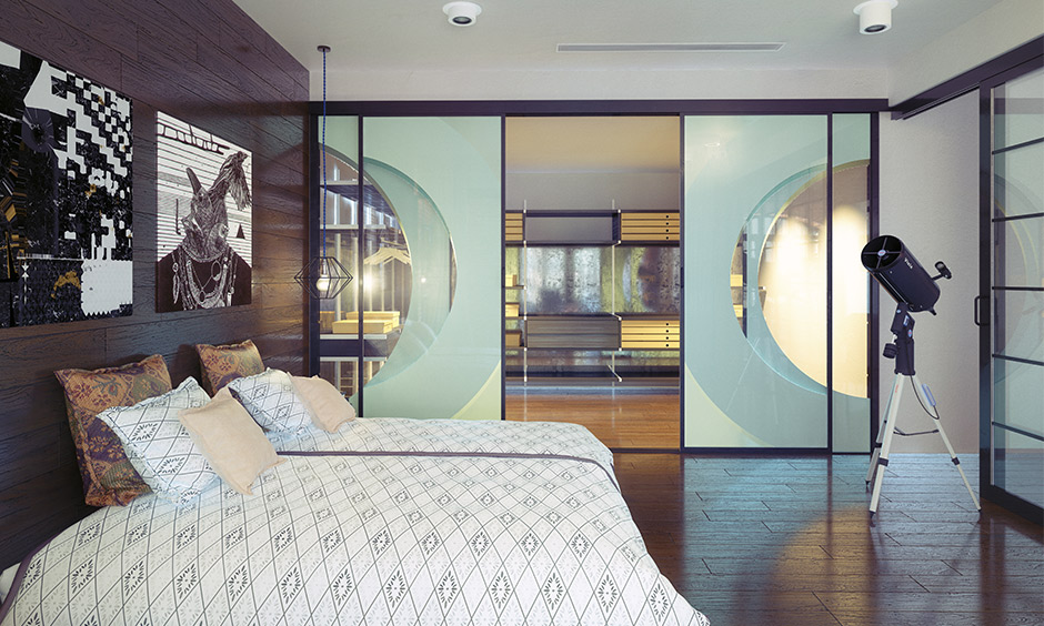 Glass bedroom door that opens up to dressing room