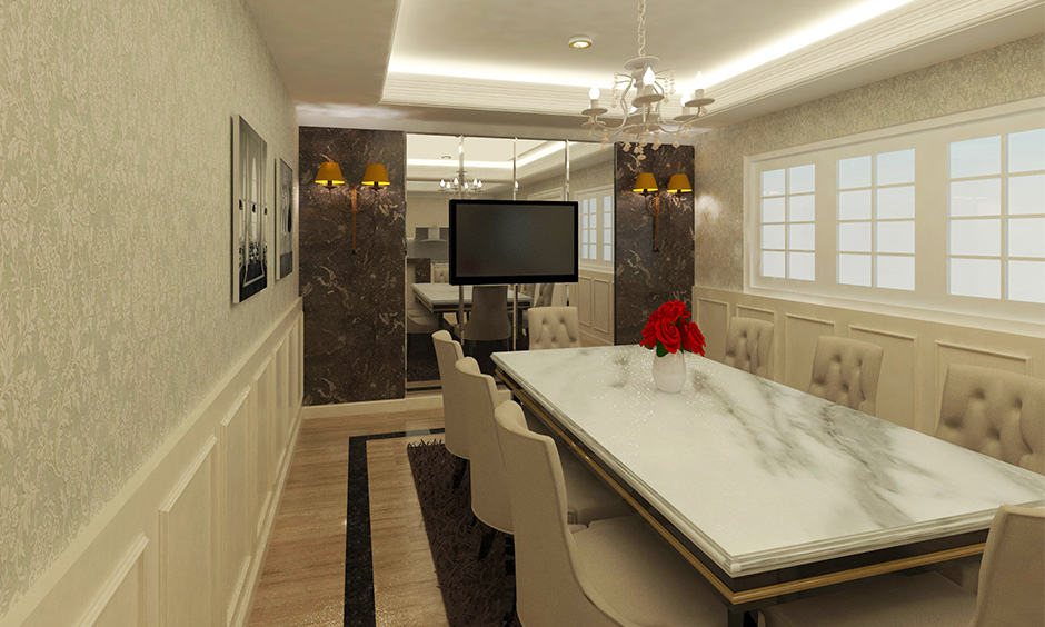 Granite dining table with contrasting walls