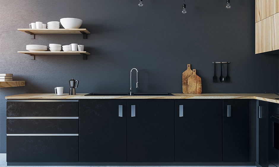 Kitchen in grey interior design dark colour with black adds to the functionality of the space.