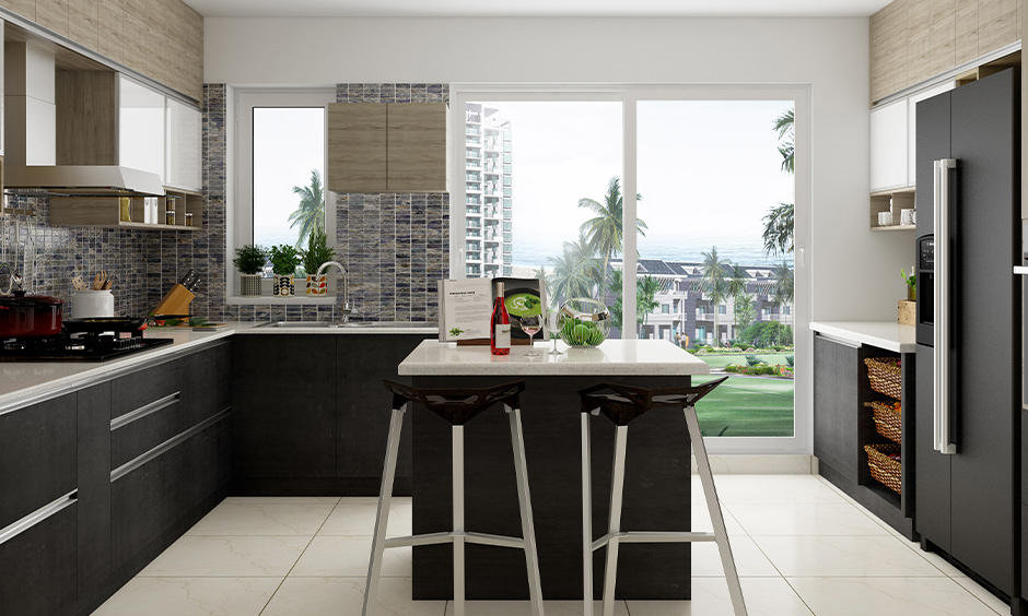 Indian kitchen room design with big glass windows brings ample natural light to space.