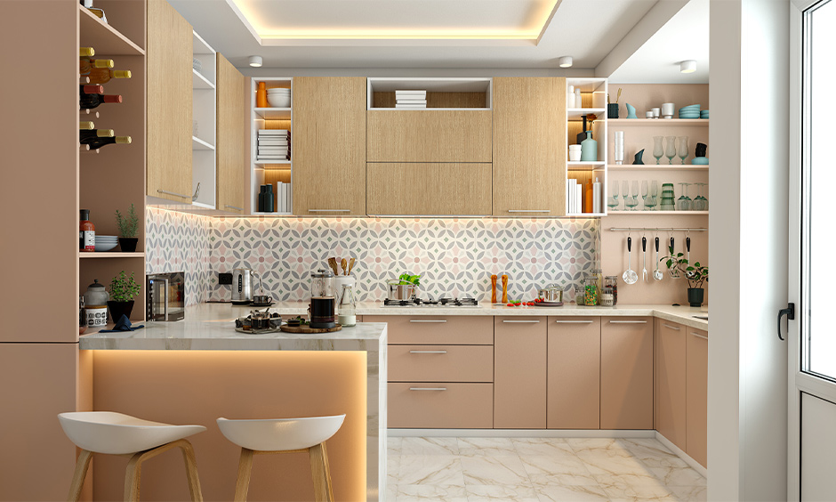 Modern Indian kitchen wine rack design with breakfast countertop lends western touch to space.