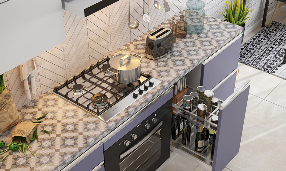 A printed tile kitchen countertop is an excellent choice for customisation and looks perfect with a patterned backsplash.