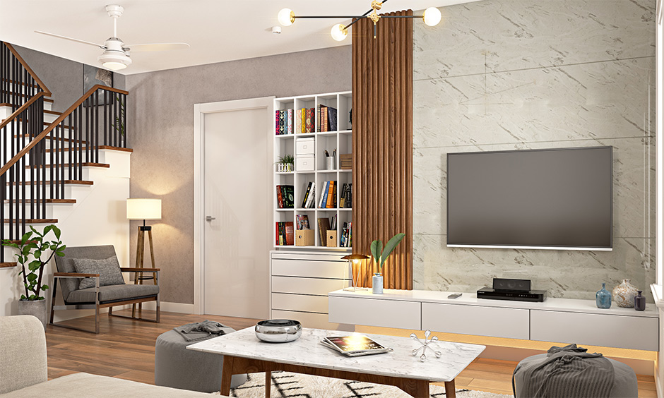 White laminate tv cabinet design wall-mounted with an attached bookshelf