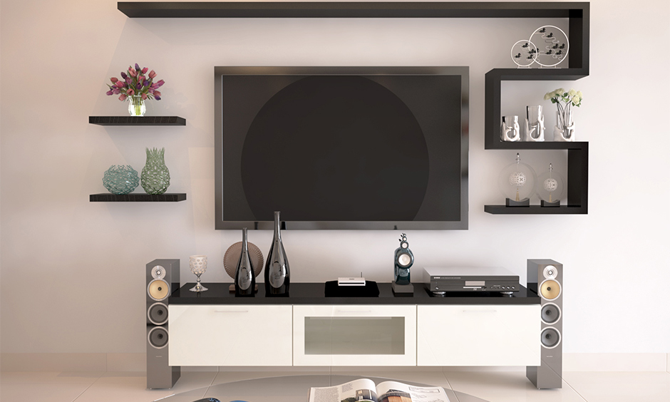 Black and white wall-mounted tv cabinet design idea with floating shelves