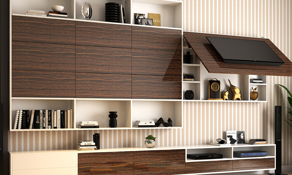 Brown wall-mounted tv cabinet design with hidden storage space and open shelves