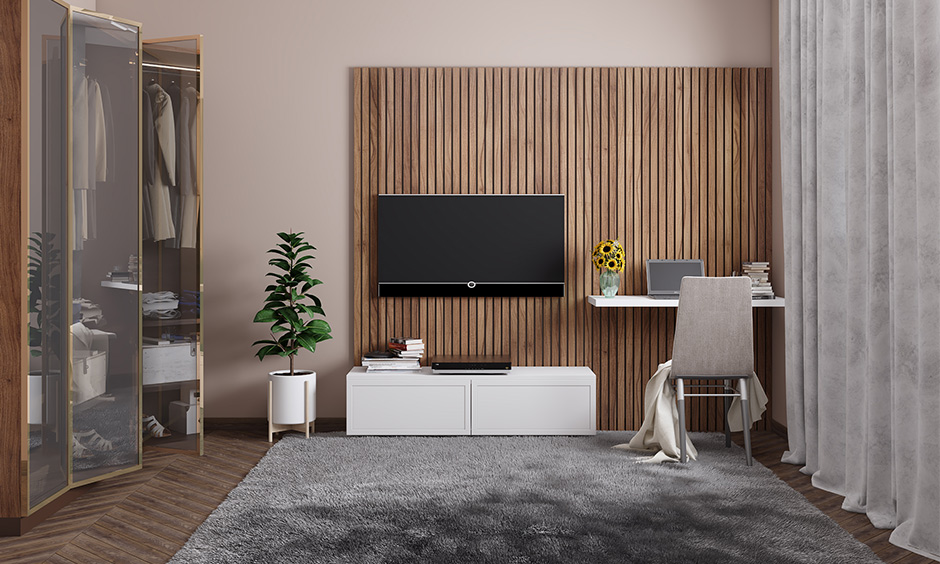 Minimalist wall mounted tv cabinet with wooden paneling background