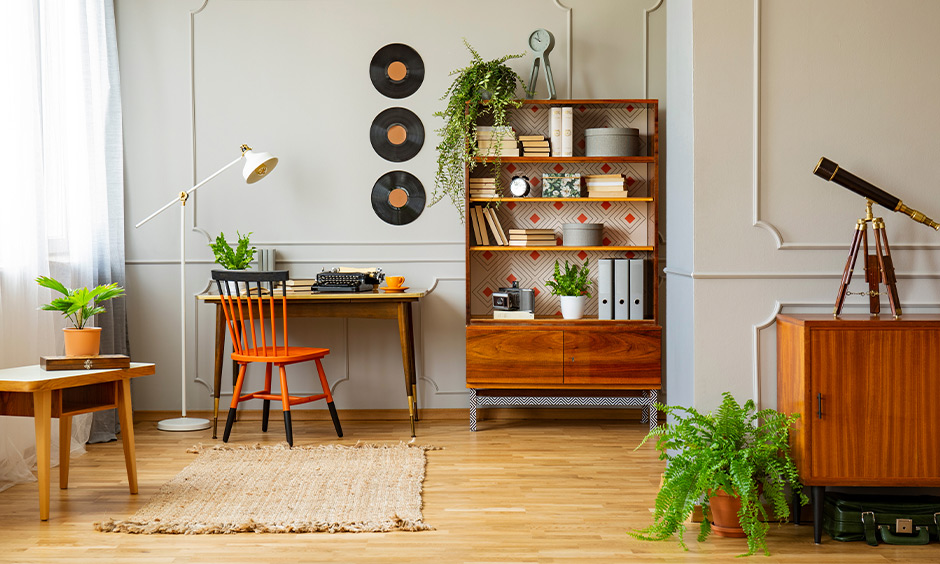 Wood material for furniture with vinyl flooring for a vintage look and feel