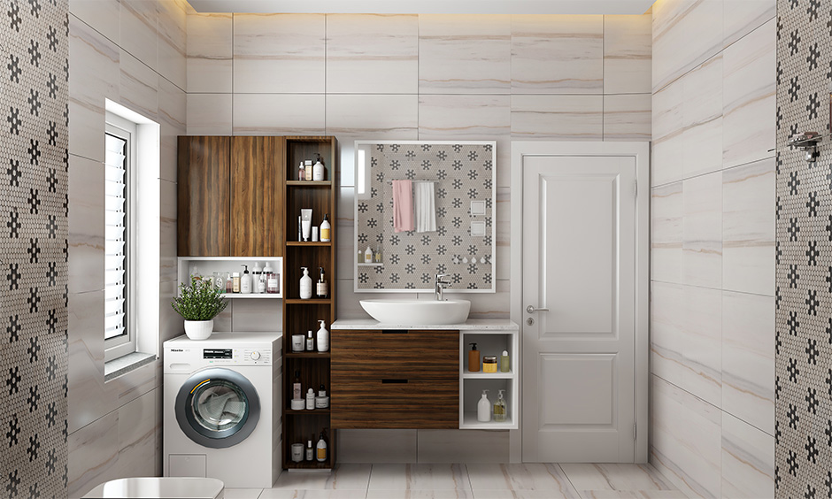 Wooden accent in the bathroom is 2021 trend design lends a warm look.