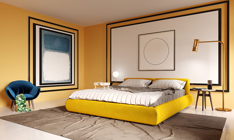 How to decorate a yellow bedroom with modern artwork