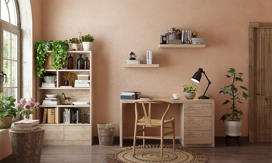 A nature inspired study work room with japanese interior design kitchen