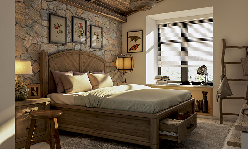 Rustic bedroom ideas with wooden headboard to the ceiling and lamps