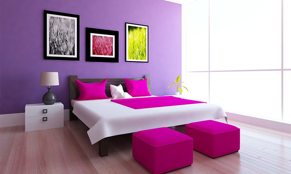 Contrasting upholstery with purple two colour combination for bedroom walls