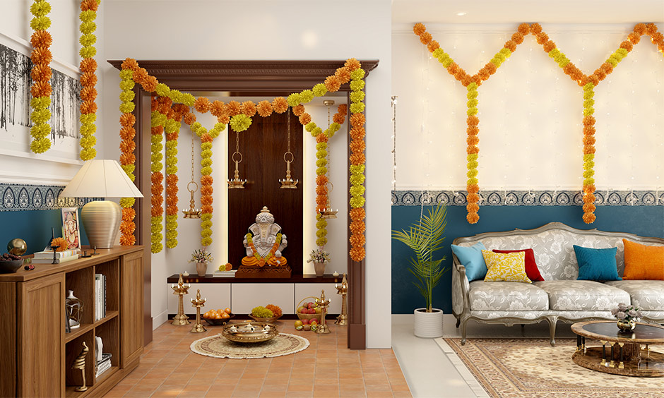 Onam flower decoration with hanging lamps around the pooja room brings festive vibe