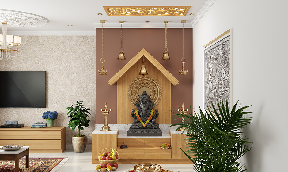 Illuminate with a skylight pooja room false ceiling designs