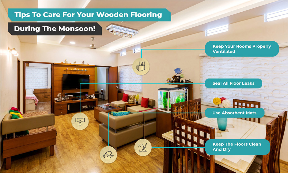 Infographic of tips to care for your wooden flooring during the monsoon.