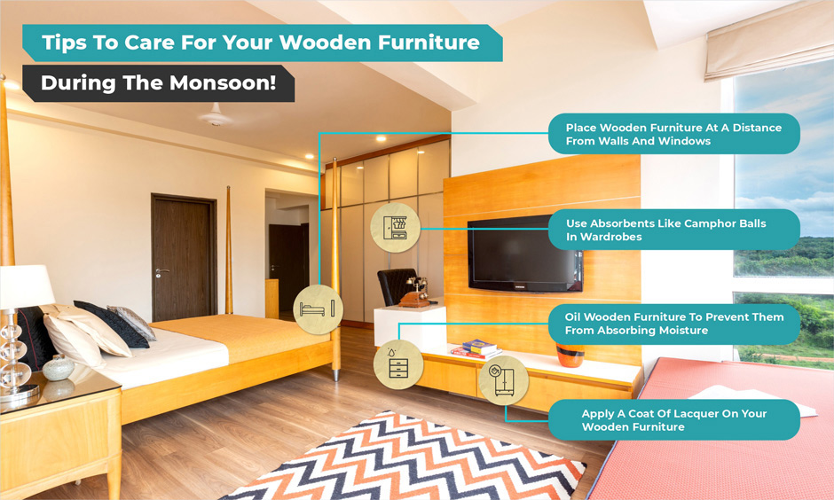 Infographic of tips to care for your wooden furniture during monsoon season.