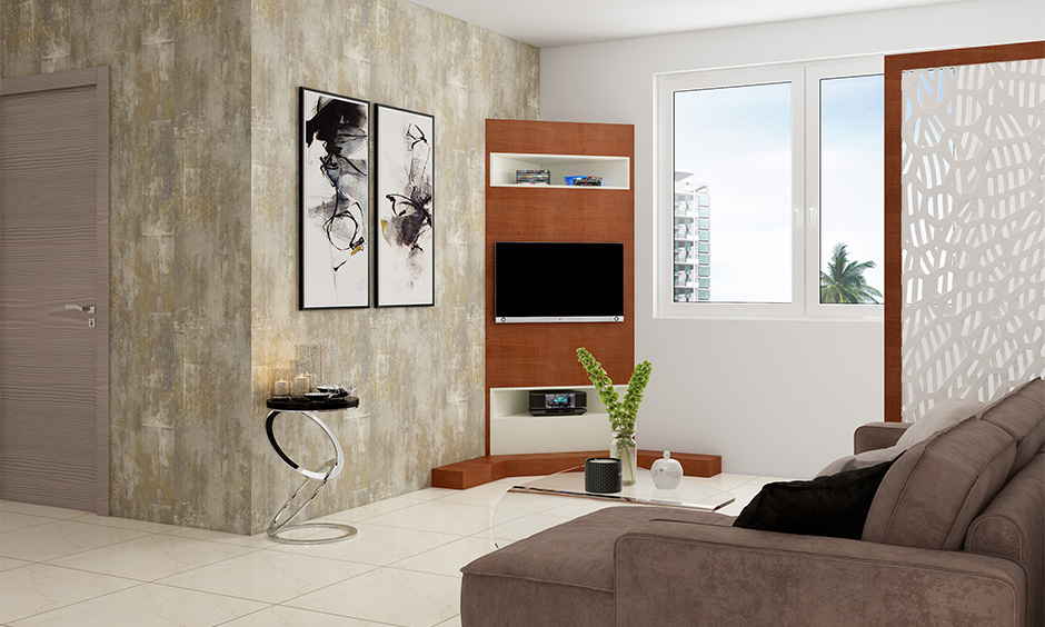 The metallic type of painting wall in the living room makes space stand out