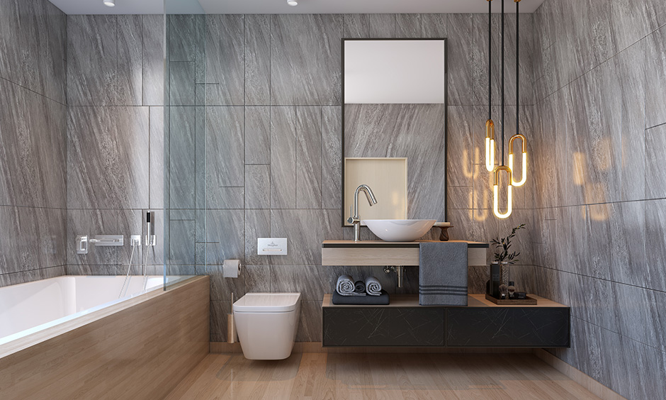 Modern industrial bathroom with stunning pendant lights