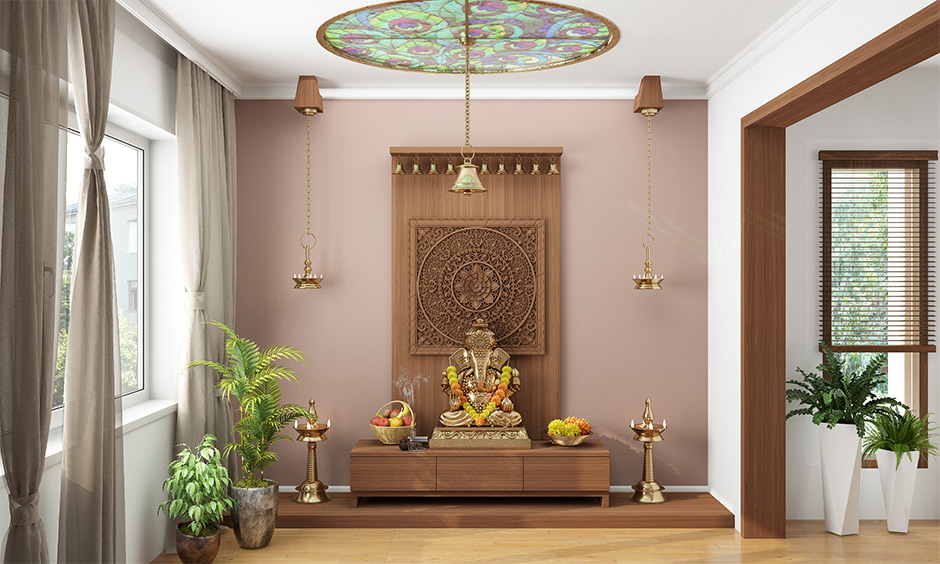 Modern pooja room false ceiling designs with stained glass