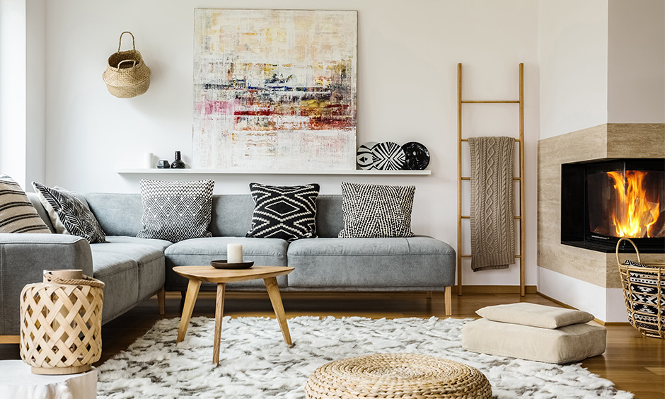 Modern rustic interiors with textured art, fabrics and abstract wall paintings