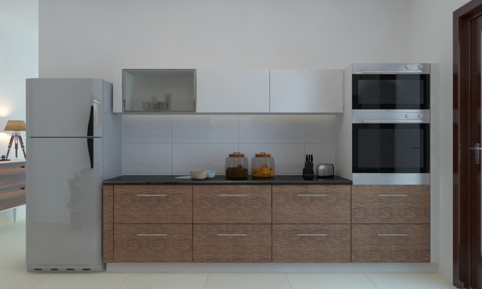 Offbeat impressionistic kitchen design for a middle-class family in grey and white adds a charming look.