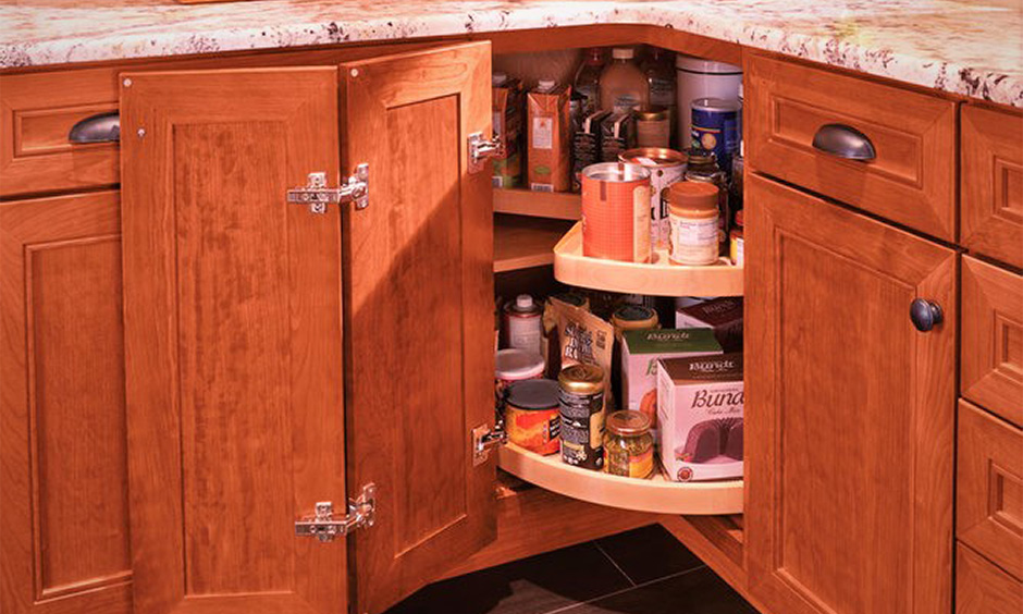 Kitchen corner cabinet solution, pull-out kitchen corner cabinet with multiple shelves enhance the storage capabilities.