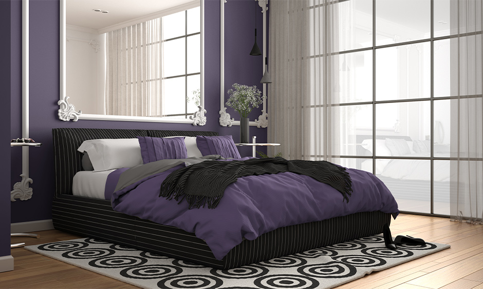 Shine the spotlight with purple two colour combination for bedroom walls