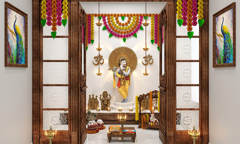 Fresh flower krishna janmashtami jhula decoration with oil lamps and cradle