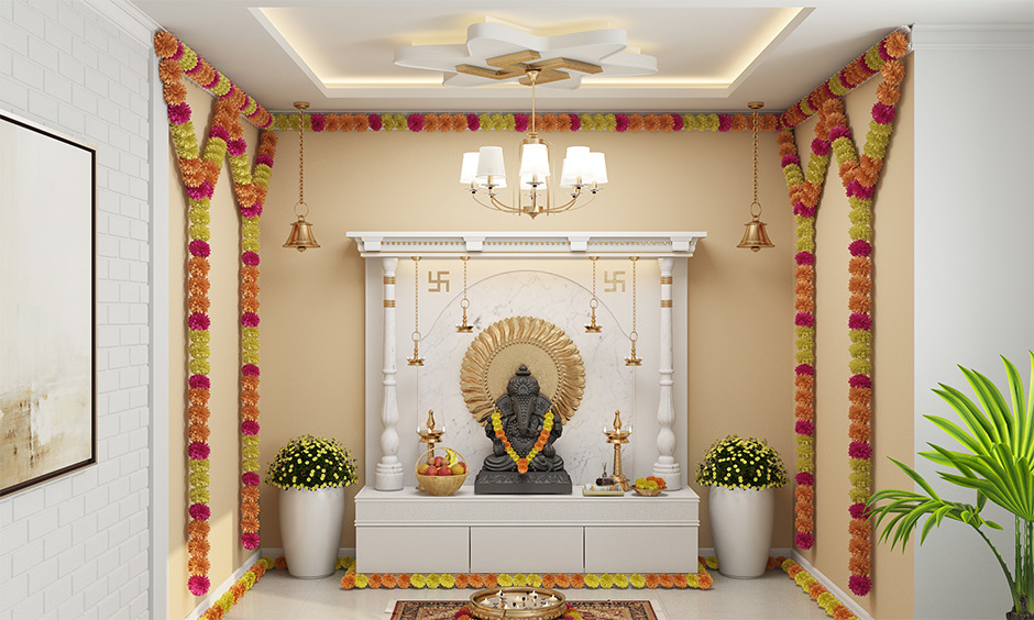 Simple false ceiling designs for pooja room with 3d effect with light fixtures 