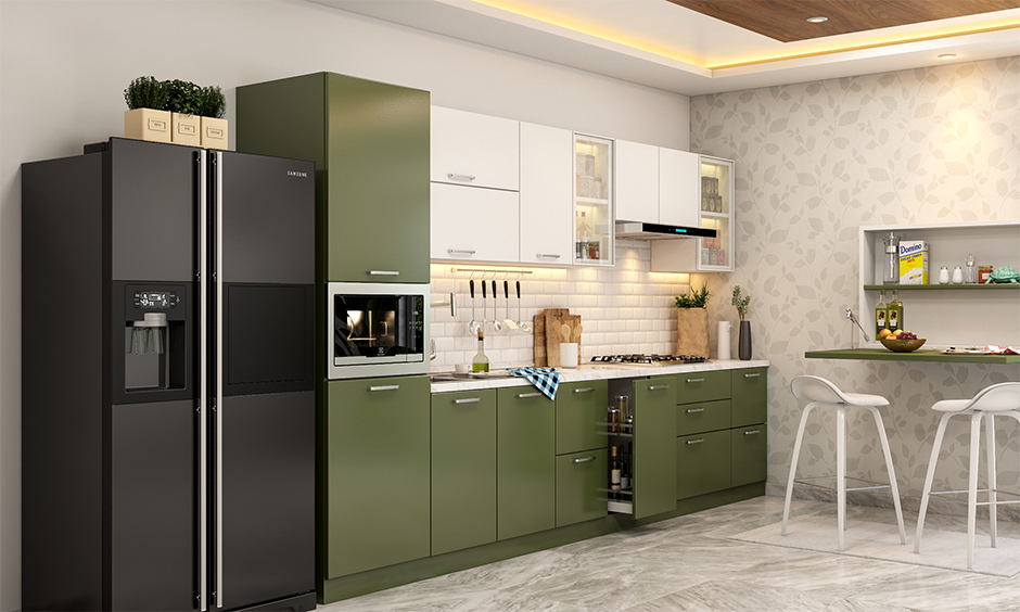 Straight kitchen design in olive green and white themed is a versatile space-saving kitchen