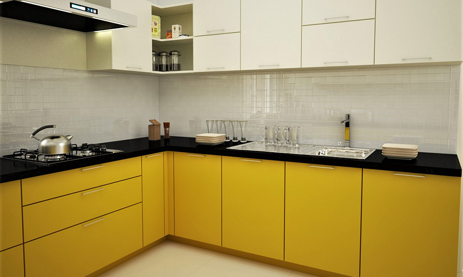 L-shaped kitchen with upper corner kitchen cabinet storage in the white laminate looks modern.