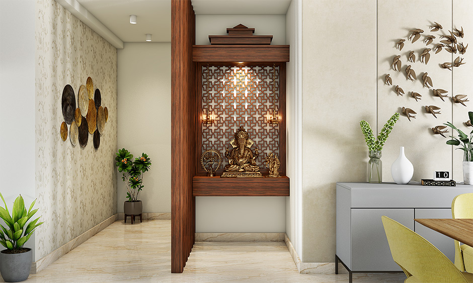 Apartment interior design for pooja room wall units for an empty wall for a perfect heavenly vibe