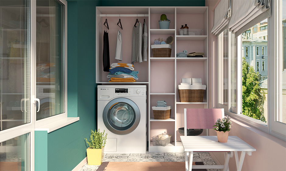 A customised laundry room in balcony has a multitude of open shelves and other storage options