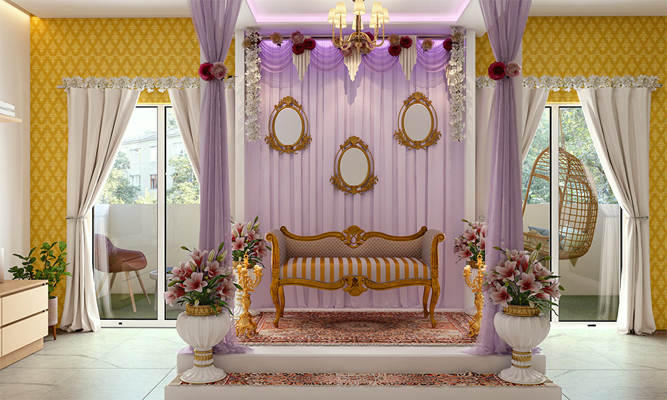 Decoration ideas for wedding anniversary at home with yellow patterned wallpaper lend a chic look