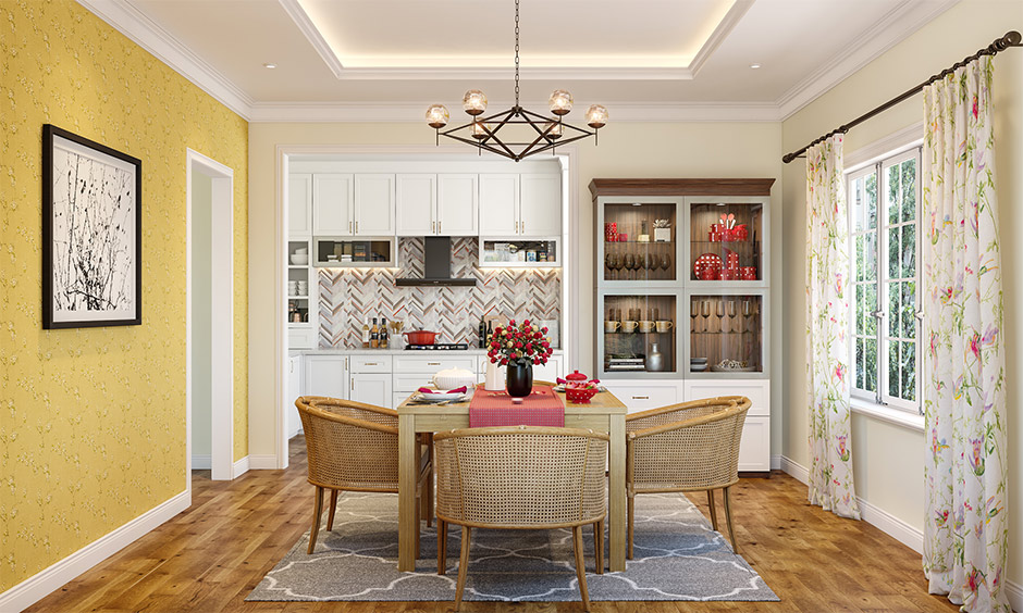 Dining room has a wooden table with rattan chairs covered with a stunning red dining table runner.