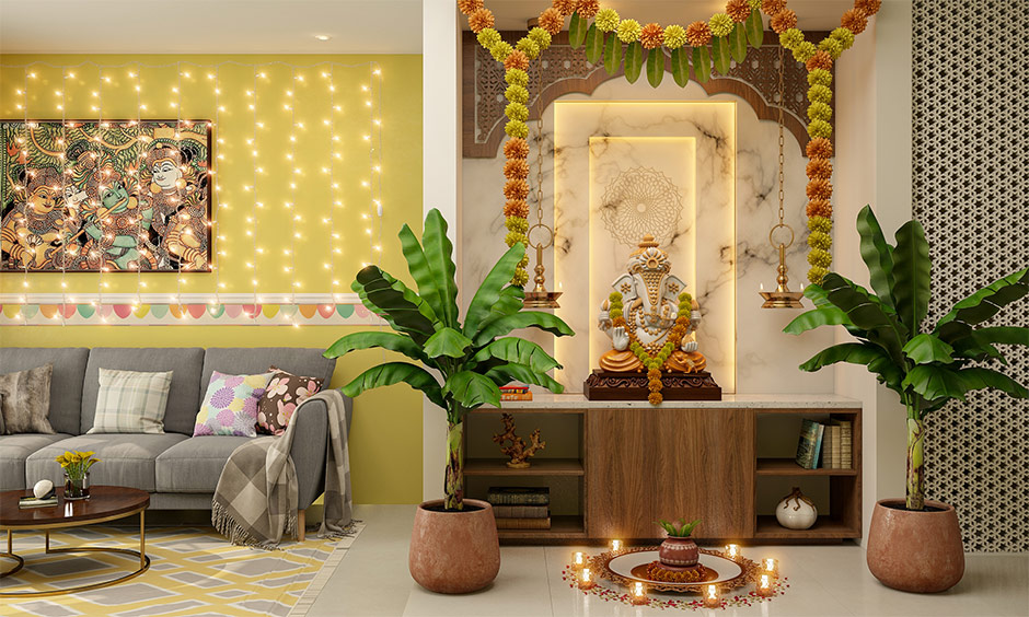 Ganesh Chaturthi decoration eco-friendly with potted banana plants and toran made of marigold flowers