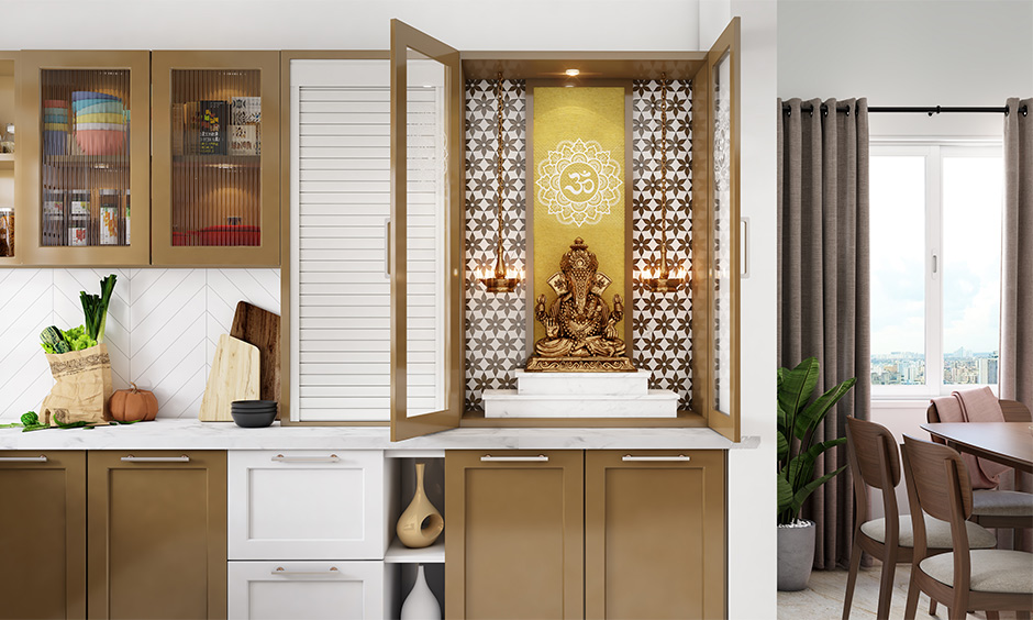 Interior design for pooja room wall units in the kitchen area