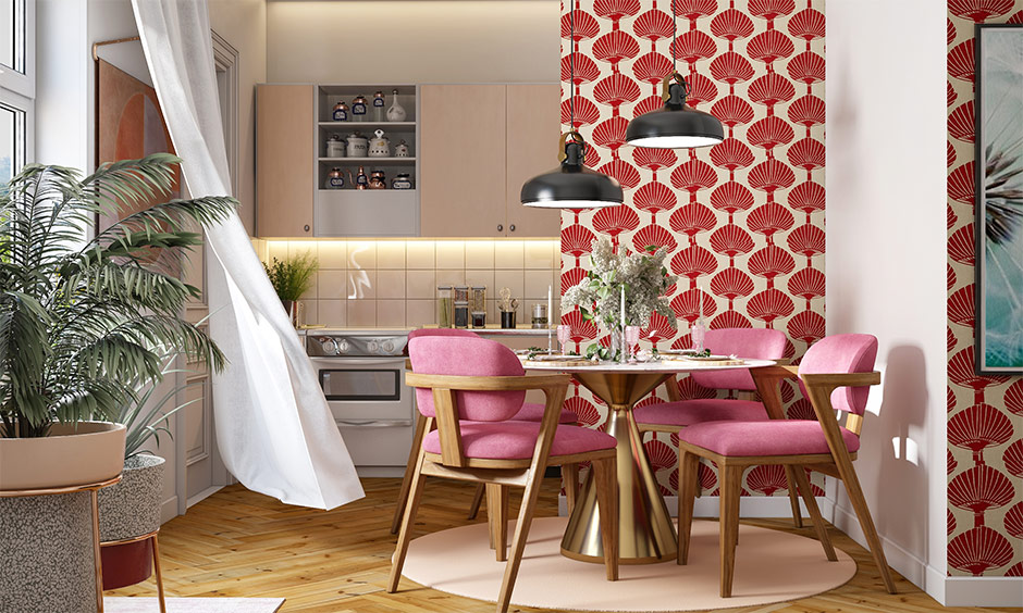 Kitchen cum dining room styles with round table and four pink chairs