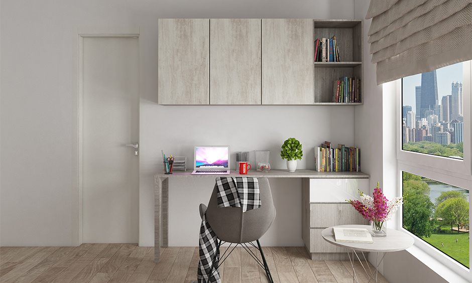 A contemporary home office desk in off-white color