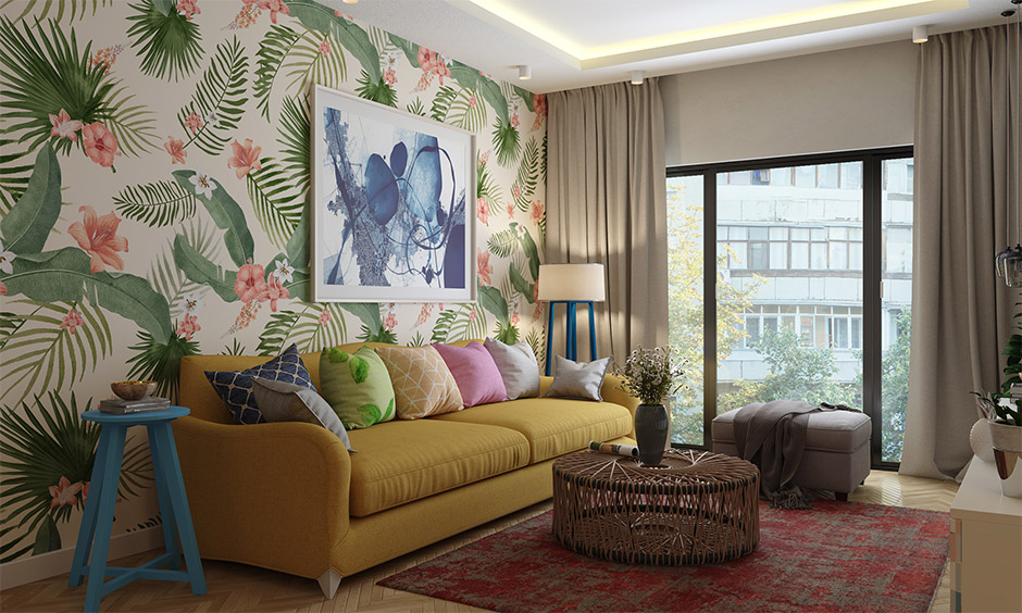 Modern bohemian living room with a yellow sofa, rug and wooden blue stool narrate its own story