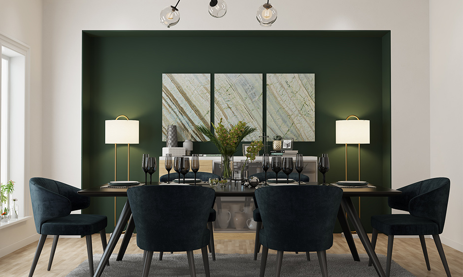 The modern style dining room has a dining table, chairs with cushions and a crockery cabinet