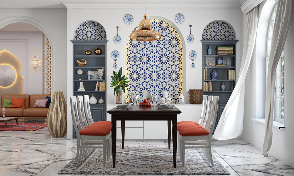 Moroccan interior design ideas, the dining room has Moroccan tiles on walls, floor tiles and rugs.