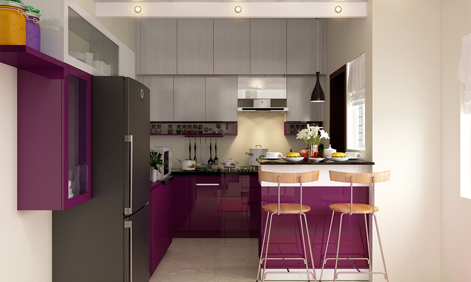 Purple and grey kitchen colour combination for young couples with innovative space-saving units for grey kitchen  designs