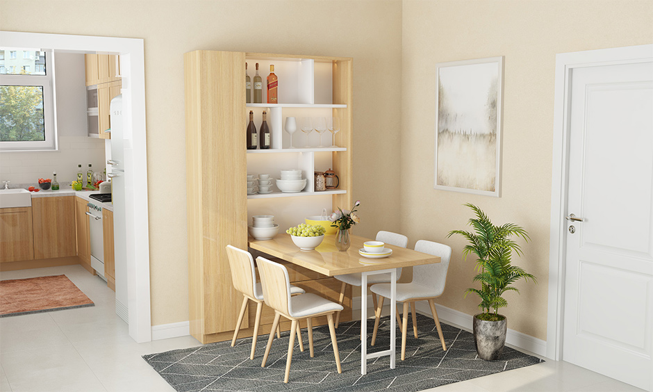 Wall mounted four seater foldable dining table set which looks quite compact