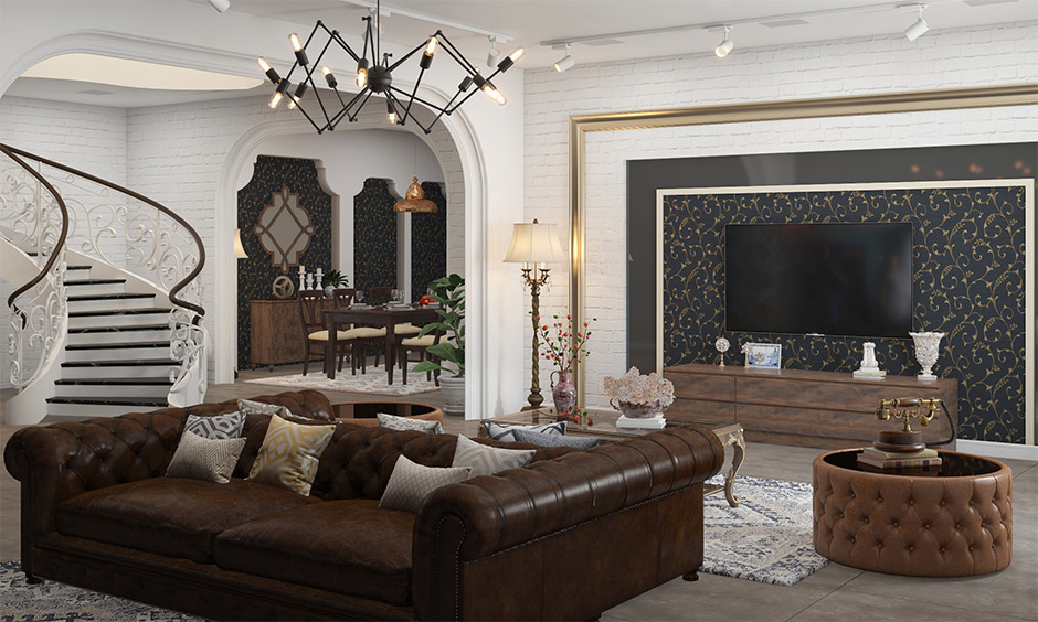 A classy vintage living room with a chesterfield sofa and vintage accents