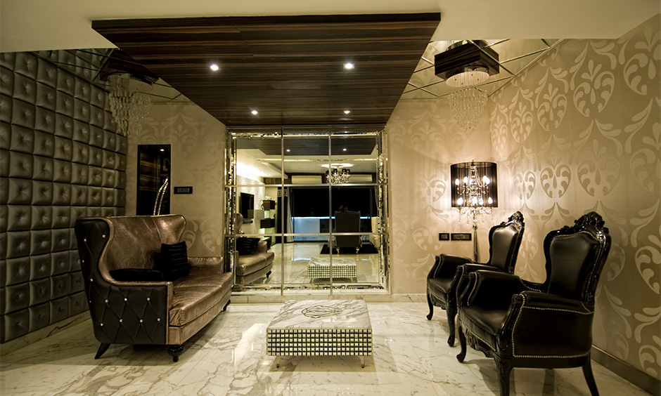 A vintage house living room with marble flooring and statement furniture