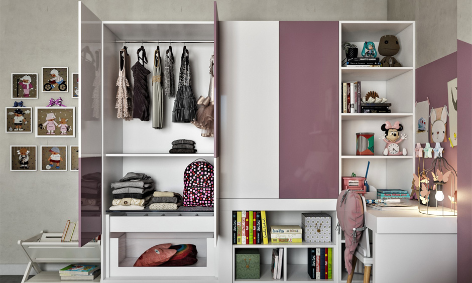 Wardrobe in kids storage organizer features a two-door with an open base cabinet