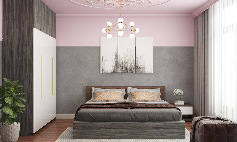 Pink two colour combination for bedroom walls with the grunge of grey and delicate pink for a dramatic effect